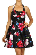 Load image into Gallery viewer, Womens 50&#39;s Era Inspired  Black Floral Flared Hem A-Line Halter Mini Dress
