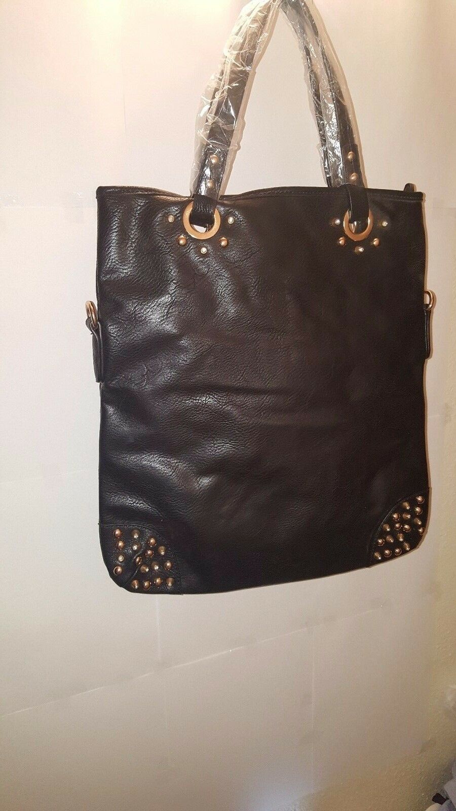 Womens Black Leather Tote Bag with  Gold Studs And Rhinestones
