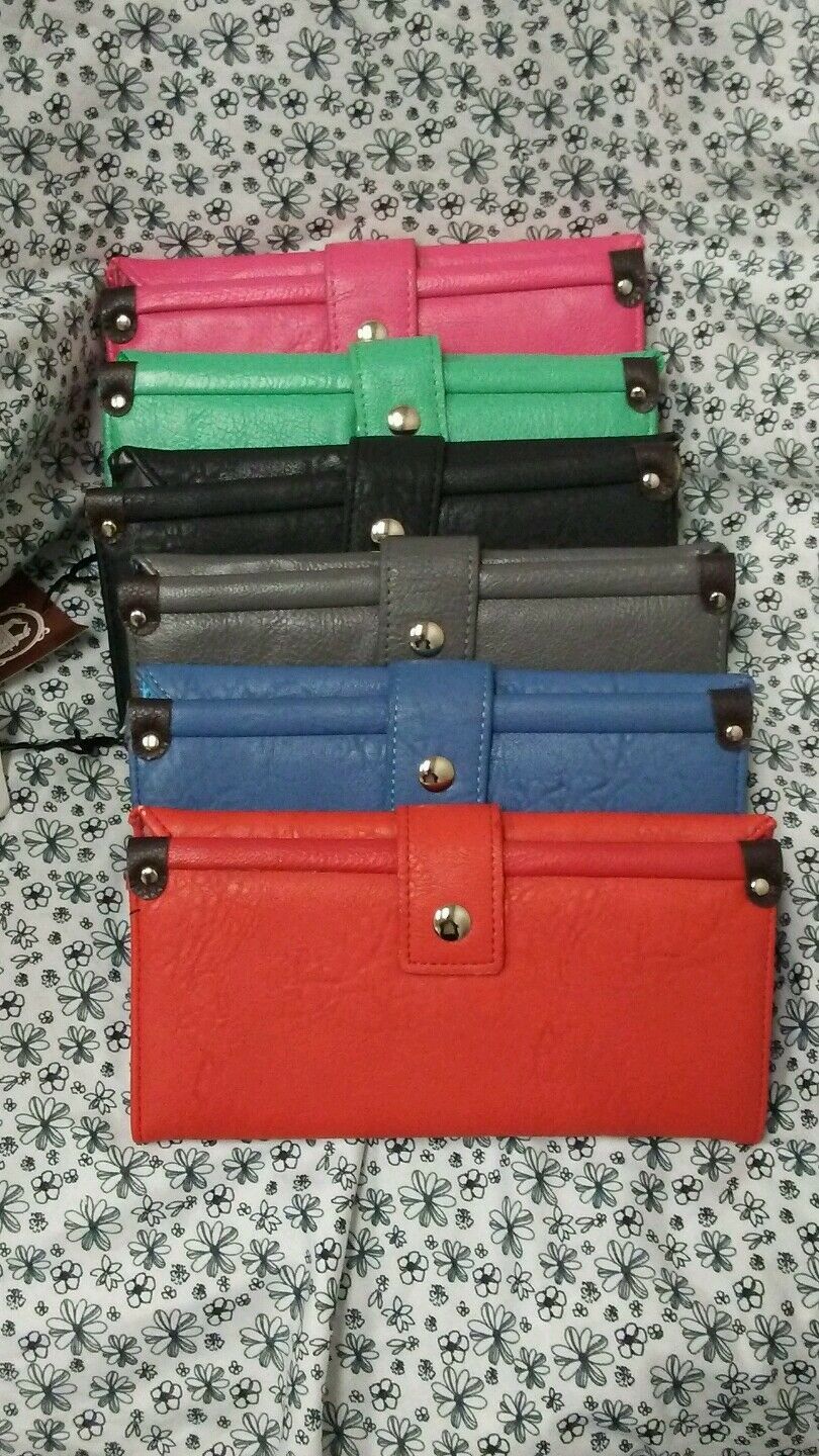 Womens Trifold Wallet Blue, Black, Red, Green, Pink And Gray