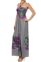 Load image into Gallery viewer, Womens Grey And Purple Floral Halter Summer Dress with A Beaded Design S M L
