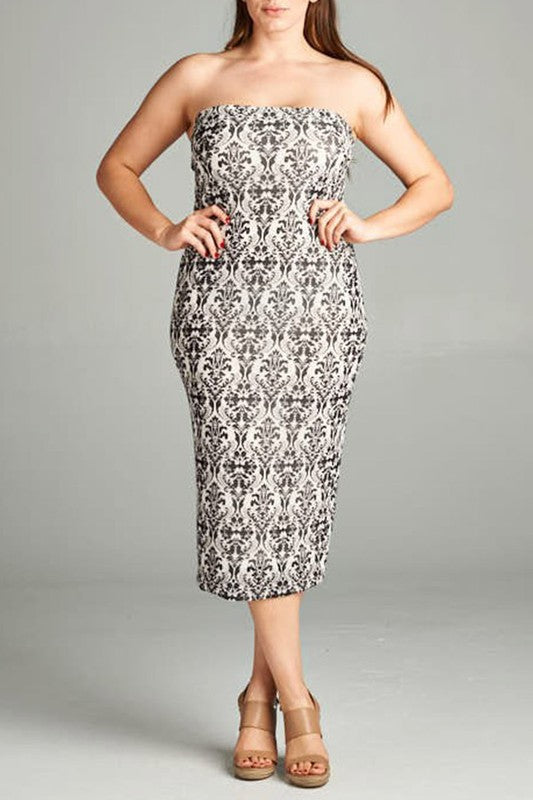 Womens Black Damesh Paisley Designed Strapless Plus Size  Dress XL, 2X, 3X