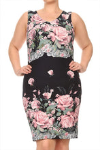 Load image into Gallery viewer, Womens Pink And Black Floral Print Bodycon Dress with A V Neckline XL, 2X, 3X
