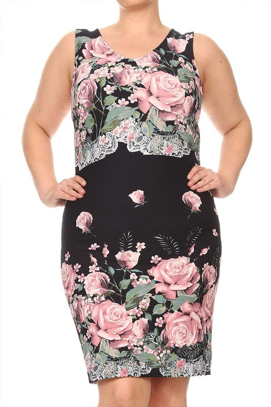Womens Pink And Black Floral Print Bodycon Dress with A V Neckline XL, 2X, 3X