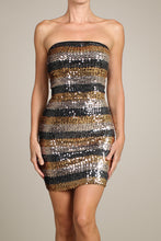 Load image into Gallery viewer, Womens Gold And Black Sequin Striped Strapless Bodycon Party Mini Dress M
