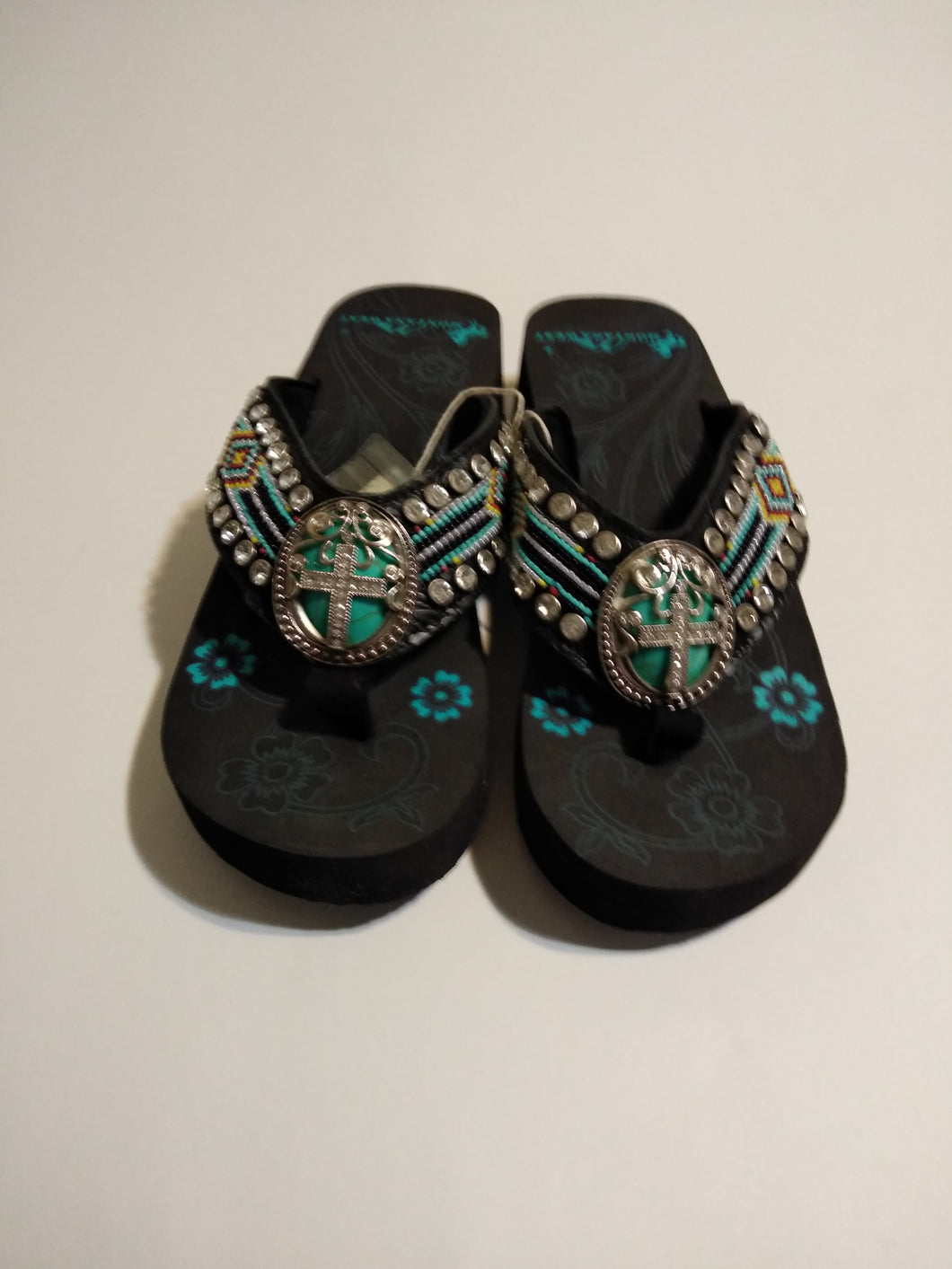 Montana West Aztec Hand Beaded Wedge Flip Flop Sandals with A Pewter Concho Cross 7, 8, 9, 10, 11