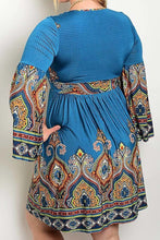 Load image into Gallery viewer, Womens Plus Size Teal Blue Bohemian Long Sleeve Casual Dress XL
