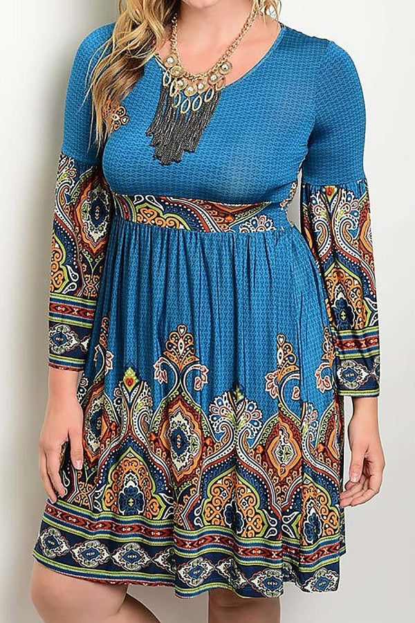 Womens Plus Size Teal Blue Bohemian Long Sleeve Casual Dress XL