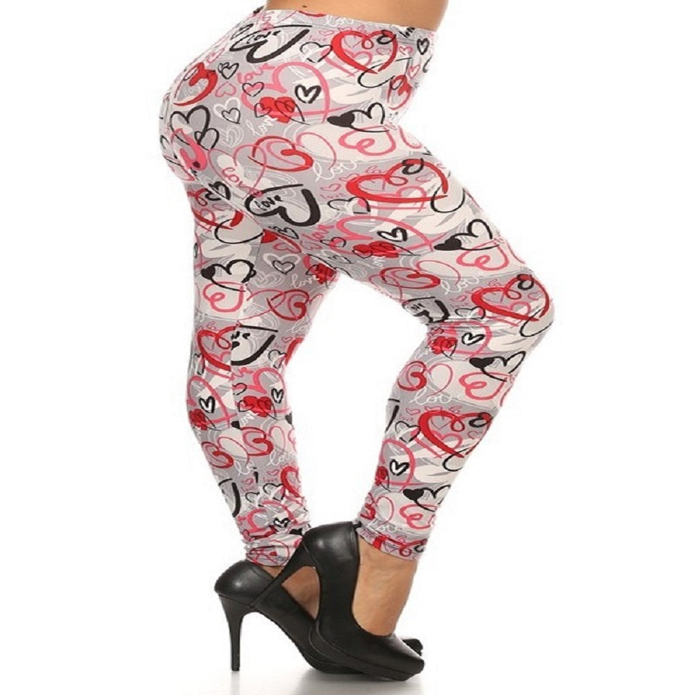 Womens Plus Size Heart Love Print Leggings Pink Red Printed Hearts Valentine's Day XL, 1X, 2X