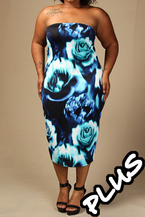 Womens Plus Size Blue Halter Floral Bodycon Dress 2X